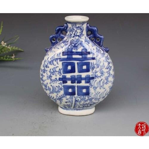 Antique QingDynasty porcelain vase,white and blue,SHUANG XI,Hand-painted crafts,Collection&Adornment
