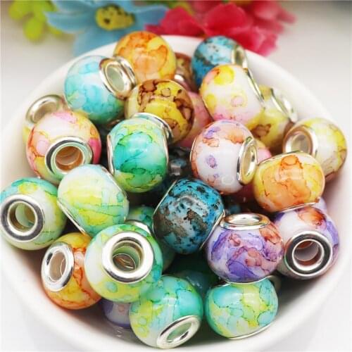 10Pcs Marble Glass Glossy Round Large Hole Murano European Beads Charms Spacer fit Pandora Bracelet Bangle for Jewelry Making