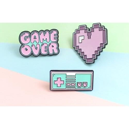Korean Love Maiden Pink Heart Pixel Mosaic Game Over Tapes Pins Jewelry Clothes Backpack Bag Brooch For Kids Accessories