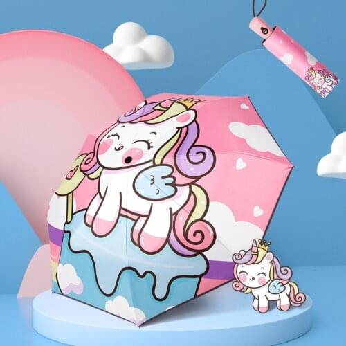 Automatic Cartoon Printing Children Folding Umbrella with Night Reflective Strip Cute Portable Waterproof and UV Protection Para