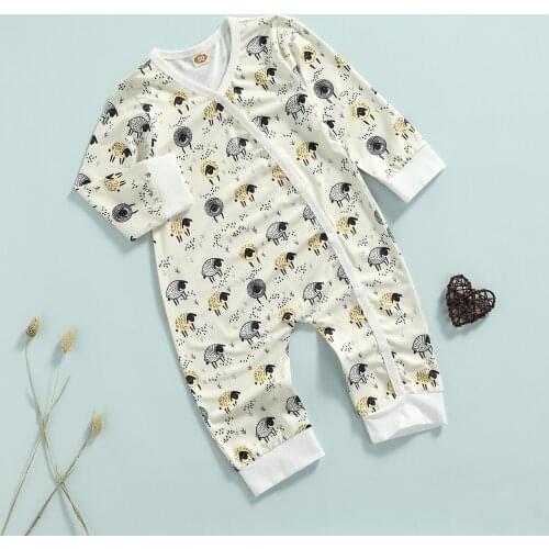 Newborn Baby Girls Boys Sheep Print Romper Casual Style Long Sleeve V Neck Infant Toddler Spring Autumn Jumpsuit Clothes 0-24M