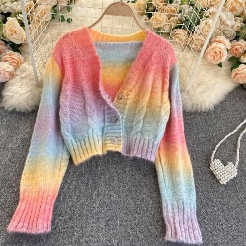 Korean Fashion Rainbow Striped Knitted Cardigan Short Sweater Coat Women Autumn Winter All-Match V-Neck Sweaters Cardigans C7447