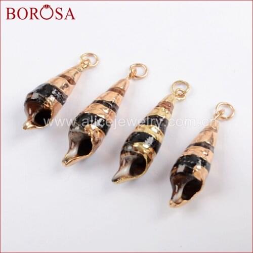 BOROSA 20PCS Tiny Black Sea Shell Pendants with Gold Trim Natural Trumpet Conch Shell Pendant for DIY Necklace WX1026