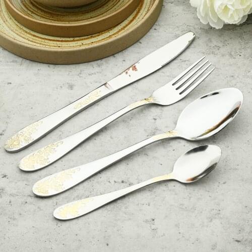 304 Stainless Steel Cutlery Set Knife Fork Spoon Dinnerware Tableware Set Carved Golden Pattern Silverware Home Kitchen Flatware