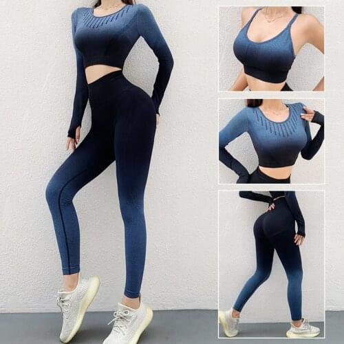 New Ombre Seamless Yoga Sets Women Gym Clothes Long Sleeve Crop Top Sports Bra High Waist Leggings Fitness Clothing Sportswear