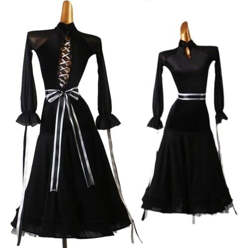New Modern Dance Costumes For Women Adult Long Sleeve Black Clothes Ballroom Dance Competition Dress Waltz Custom Made DQL5131