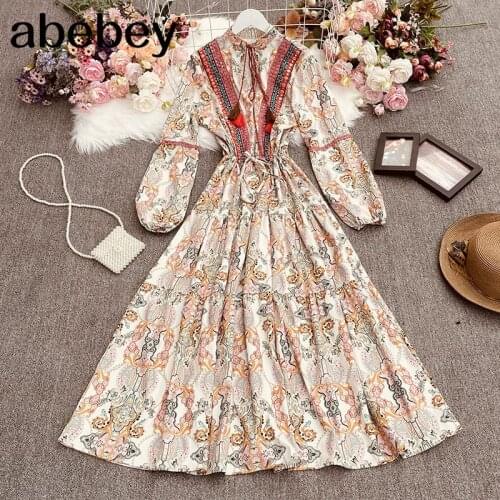 2021 New Spring Retro All-match Ethnic style o-neck long sleeve Dress drawstring lace up waist Dress
