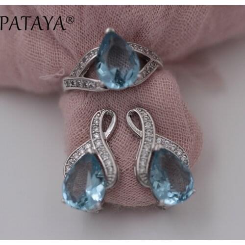 PATAYA New Jewelry Sets True White Gold Light Blue Natural Cubic Zirconia Ring Earrings Sets Wedding Dress Accessories Jewelry