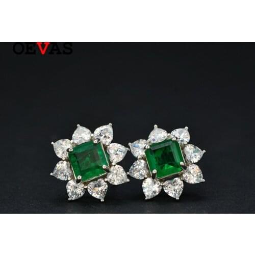 OEVAS Vintage Created Moissanite Emerald Gemstone Flower Earrings Party Ear Studs Wedding Jewelry Wholesale