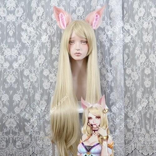 Anime LOL KDA Ahri Cosplay Wig Long Straight Blonde Wavy Heat Resistant Synthetic Hair Wigs+ Two Ears + Wig Cap