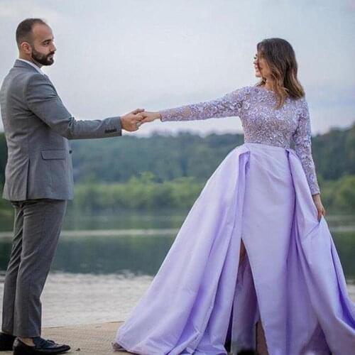 Lavander Color O-neck Satin Top Lace Crystal Prom Dresses Long Sleeve Side Slit With Detachable Skirt Evening Dress robe 2020