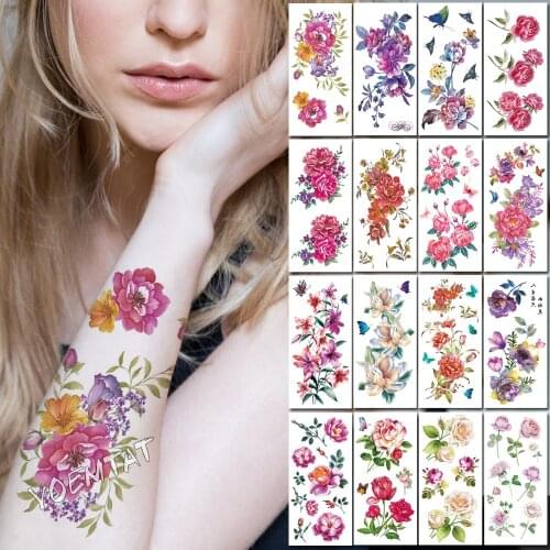 Pink Rose Peony Flowers Body Art Chest Water Transfer Waterproof Temporary tattoo Girl Waist Bracelet Flash Tatoo