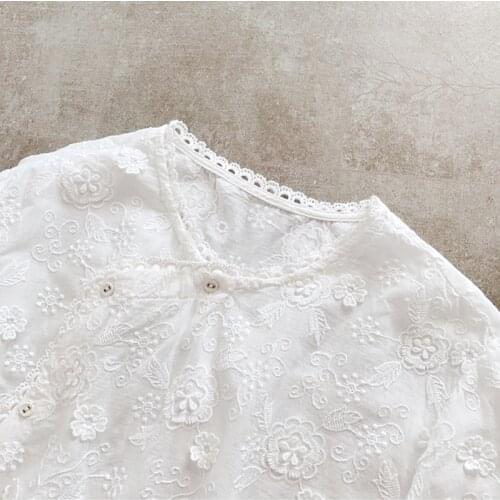 Lamtrip Unique 3D Embroidery Side Buttons Design Lace Up Loose Long Sleeve Cotton Shirt Lolita Top 2021 Autumn