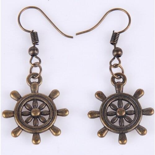 19MM Antique bronze vintage brass ship ruder wheel earrings for women earing metal alloy drop dangle earring jewelry fashion