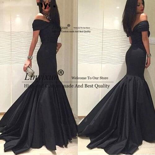 Sexy Black Off-the-shoulder Zipper Satin Mermaid Prom Dresses Draped Trumpet Long Formal Evening Gown Custom Made