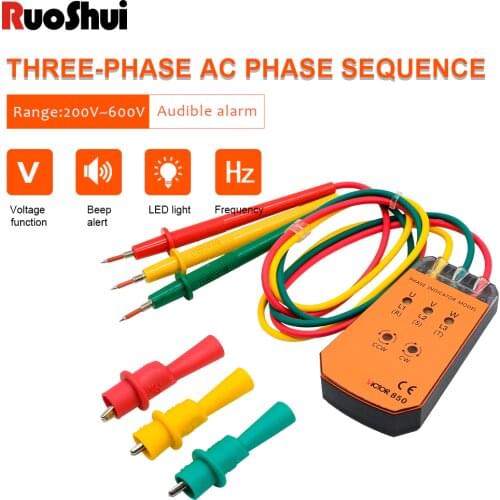 RuoShui 850 Three Phase Indicator cable tracker Rotation Phase Sequence Tester with LED Light Indicator 200V- 400V Voltage Meter