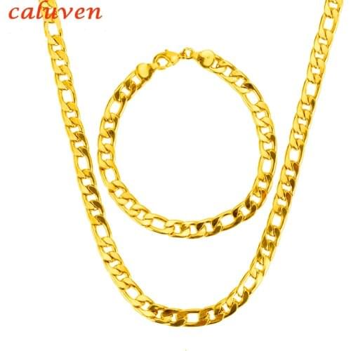Link Curb Chunky Men Jewelry Sets Trendy Gold Color 8MM Wide Chain Figaro Bracelet Necklace Set Wholesale