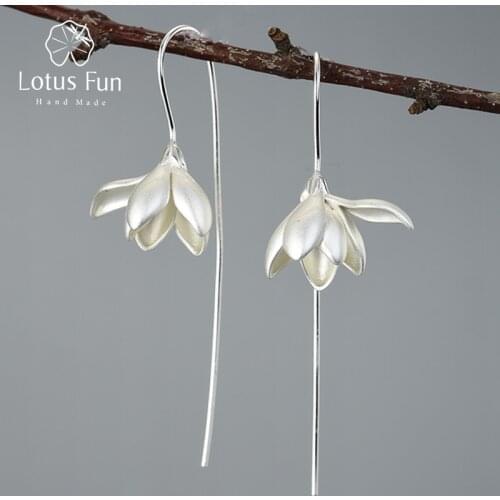 Lotus Fun 18K Gold Elegant Magnolia Flower Dangle Earrings Real 925 Sterling Silver Designer Fine Jewelry Earrings for Women