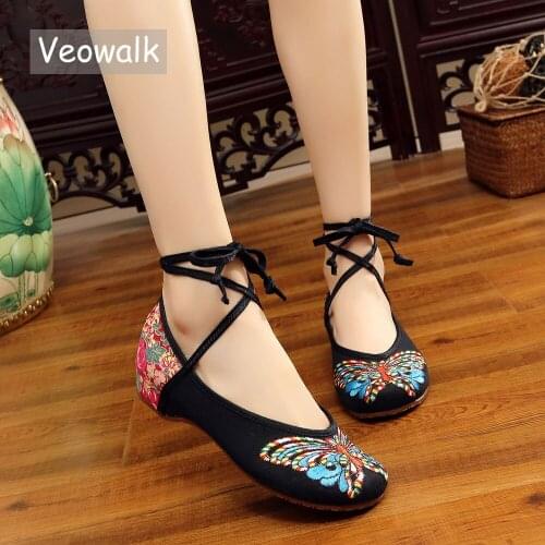 Veowalk Size 34-43 Womens Shoes Old Peking Lace-up Flats Butterfly Embroidery Soft Sole Casual Dancing Shoes Woman