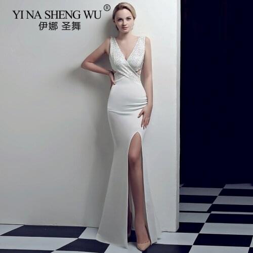 New White Long Gown Mermaid Long Sexy V neck Slit Formal Dress Women Elegant Vestido Longo Festa Ladies Long Gowns