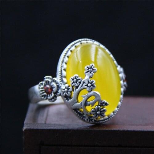 C&R 999 Sterling Silver Rings for Women yellow jade vintage beautifully carved chalcedony Thai Silver Fine Jewelry Size 7-10