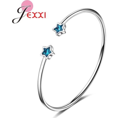 Pure 925 Sterling Silver Thin Lines Design with Shiny Blue Stars Crystals For Women Girls Wedding High Quality Bangles