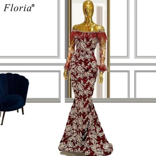 Newest Burgundy Dubai Evening Dresses Long Mermaid Evening Gowns Middle East Prom Dresses Evening Wear Robe De Soiree Vestidos