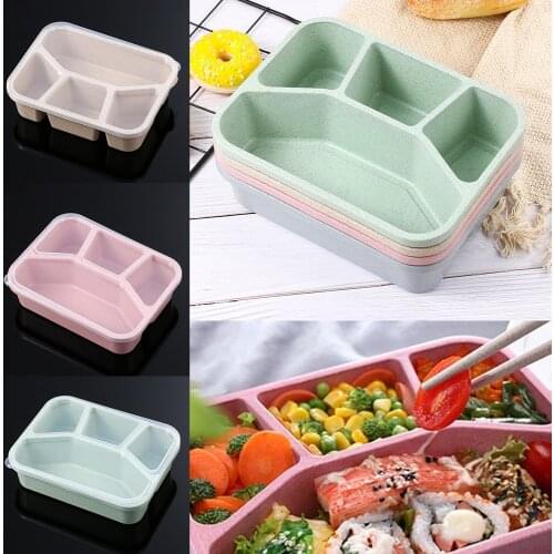 1PC Portable 4 Grids Wheat Straw Lunch Box Microwave Oven Food Container Sealed Leak-Proof Lunch Bag Picnic Kitchen Supplies