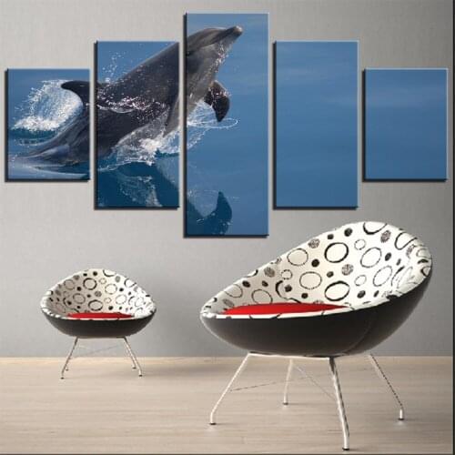 5 Pieces Dolphin Canvas Painting Happy Jumping Fish Wallpaper Animal Posters For Home Roon Decor Sea Pcean Park Decal Modern Art