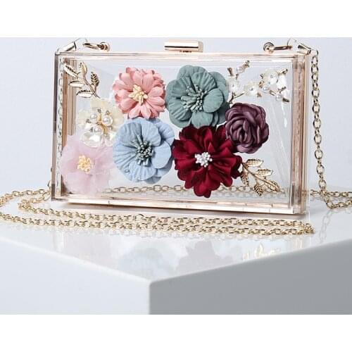 Acrylic Transparent Floral Evening Clutch Wedding Bridal Fashion Wallet Women Pack Clear Hard Box Metal Chain Shoulder Bags X807