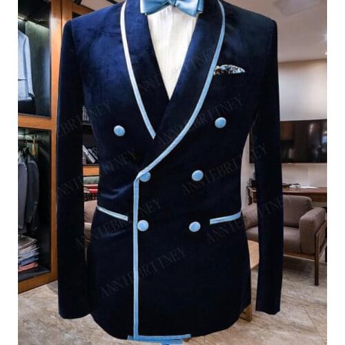 ANNIEBRITNEY Latest Coat Pant Designs Double Breasted Slim Fit Men Suit Wedding Tuxedo Set Velvet Jacket with Black Cotton Pants