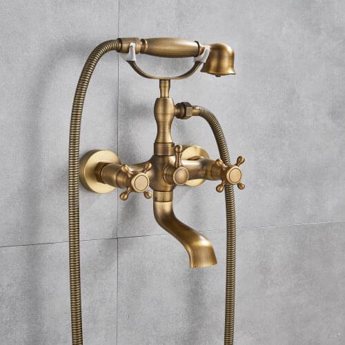 Antique Brass Bathtub Faucet 2 Handle Wall Mounted Bath Shower Faucet Handheld Shower Head Cold and Hot Water Tap