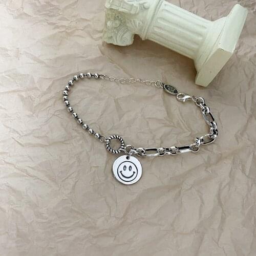 Utimtree Punk Handmade Vintage Thai Silver Couple Smiling Face Chain Bracelets For Women Men Jewelry