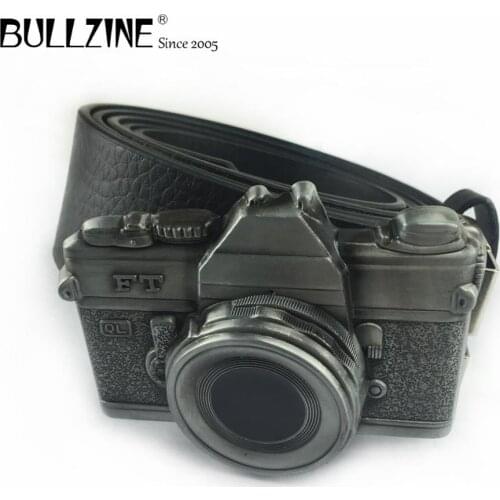 Bullzine zinc alloy retro 3D camera belt buckle cowboy gift belt buckle pewter finish with PU belt FP-02282-1 drop shipping