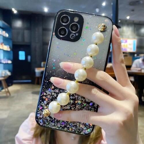 Gradient Pearls Hanging Chain Case For Samsung S21Ultra S20FE S21FE Note20U A11 A20 A50 A70 Glitter Camera Len Strap Phone Case