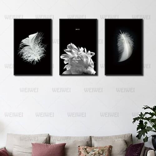 Black Background and White Falling Feathers Home Poster Decoration Canvas Painting Use In Living Room and Bedroom Nordic