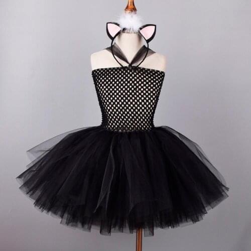 Girls Black Fluffy Tutu Dress Baby Birthday Party Dresses Girl Cat Costume Outfit Cute Animal Headbands Toddler Photo Prop 1-12Y