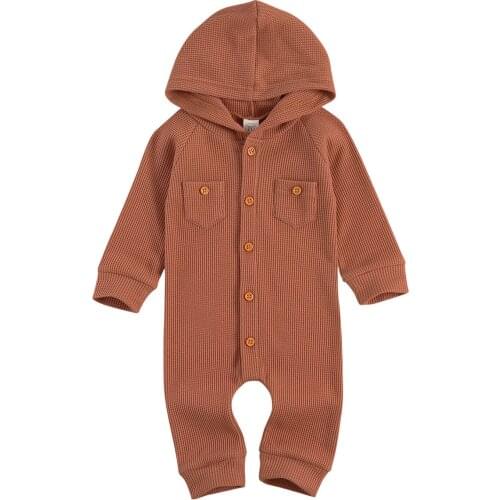Newborn Babys Solid One-piece Rompe, Long Sleeve Front Single Breasted Hooded Bodysuit with Two Front Pockets