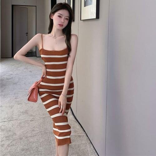Khaki Striped Knitting Dresses For Women 2021 High Quality Office Lady Slim Sexy Backless Spaghetti Strap Long Dress Femme