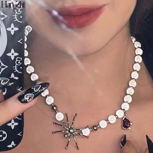 HangZhi 2021 New Trendy Red Crystal Stone Fluorescent Beads Night Club Pearl Spider Pendant Necklace for Women Party Jewelry