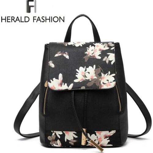 Herald Fashion Preppy Style School Backpack Artificial Leather Women Shoulder Bag Floral School Bag for Teens Girls