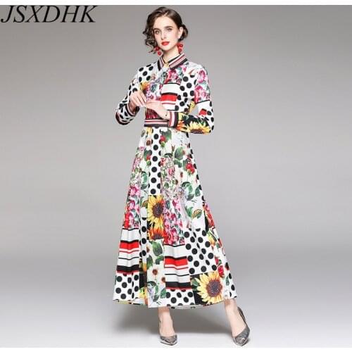JSXDHK 2021 New Autumn Flower Shirt Dress Runway Women Polka Dot Sunflower Printed Lapel Collar Hit Color Striped Long Vestidos