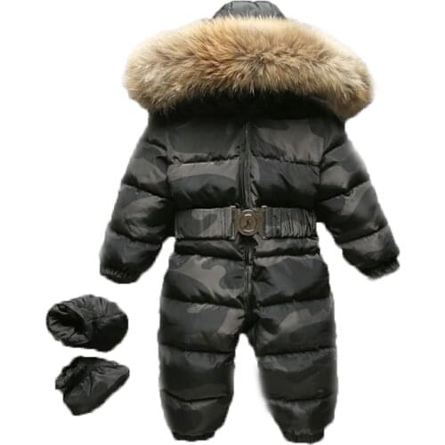 2018 Winter Baby Rompers Jumpsuit Clothes Baby Onesie Children Overalls Duck Down Toddler Kids Boy Girls Fur Hooded Romper12M-5T