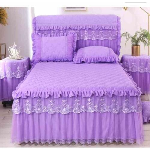 Purple Lace Ruffles Princess Bedspread Bed Skirt Pillowcases Winter Thicken Warm Bedding Bed Sheet With Cotton Mattress Cover