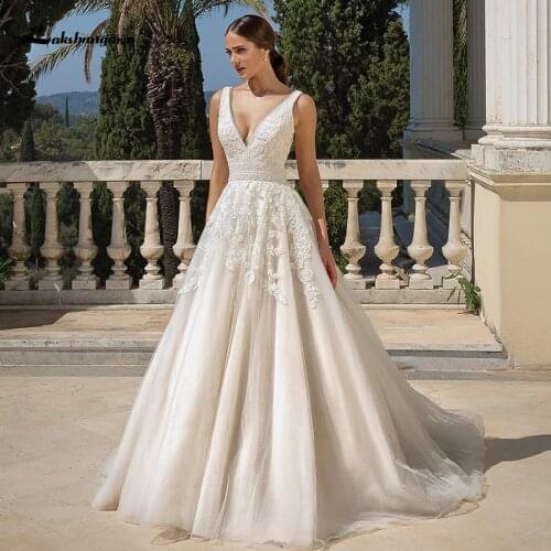 Lakshmigown Tulle A-Line Wedding Dresses V Neck Backless Lace Appliques Robe Mariee Boho Princess Bride Gowns Vestido de Noiva