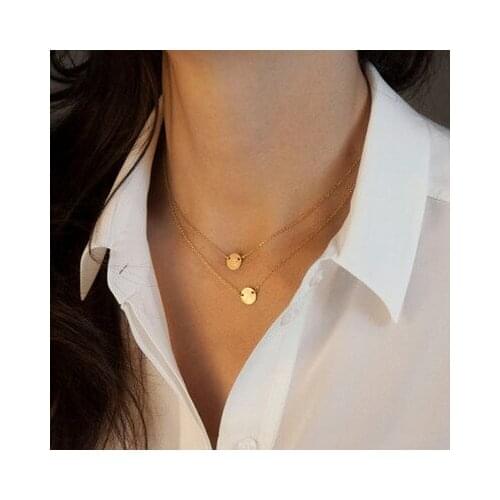 Fashion Simple Temperament Gold Double Layer Chain Vintage Circle Pendant Short Necklace