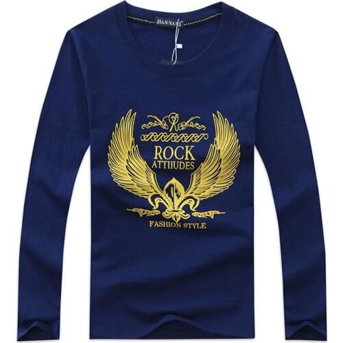Sping Autumn Mens Eagle Printed Round-neck Cotton Long-sleeved T-shirt Top Casual Cotton Tops 5XL