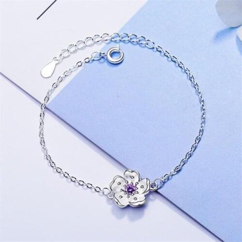 New Fashion Beautiful Two Colors Pink Sakura Flower 925 Sterling Silver Jewelry Fresh Exquisite Crystal Plant Bracelets SB237