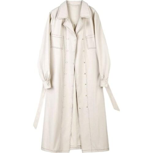 Pure Color Retro Double-Breasted Trench Coat Womens Spring Waist British Style Long-Sleeve Mid-Length Straight Windbreaker E473