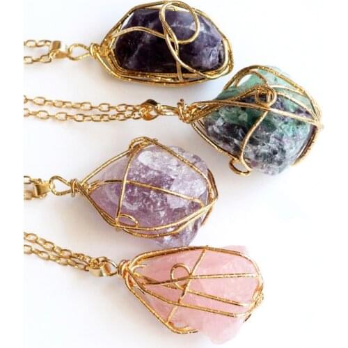 SEDmart Natural Stone Irregular Gold Color Wrap Wire Pendant Necklace Women Men Crystal Original Stone Necklaces Jewelry